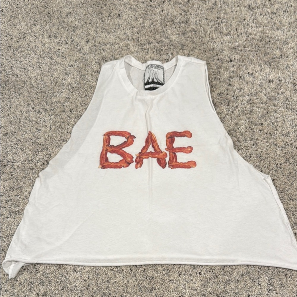 White Sleeveless Top with Red 'BAE' Print in bacon lettering
